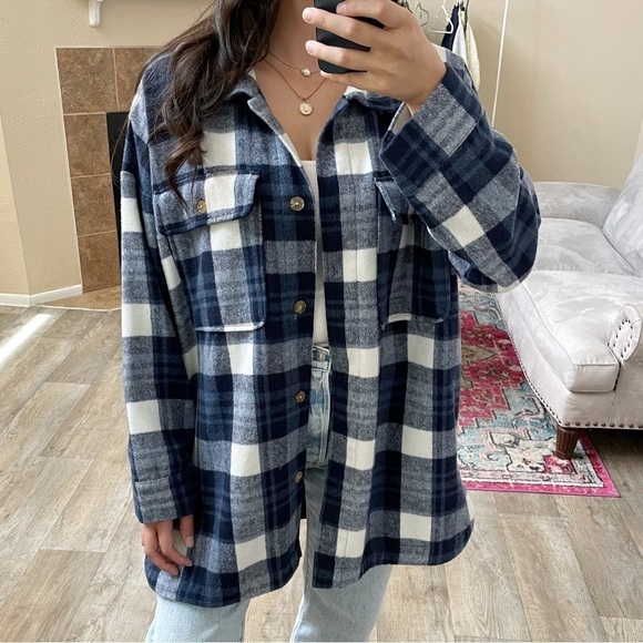 Banana Republic Navy Plaid Wool Blend Jacket Shacket - Picture 4 of 11